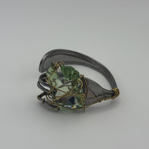 Handmade Fork Cuff Bracelet w/ Green Glass‎ Wire Wrap Accent - Picture 1 of 5